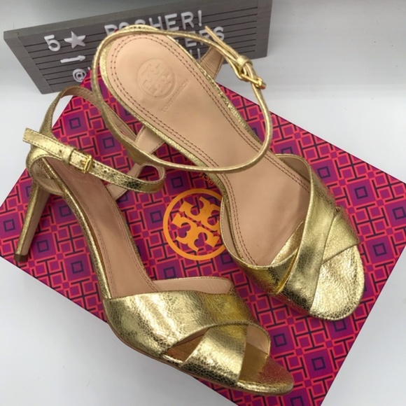 Tory Burch Shayley Mirror Gold Craquelee Heeled Sandal Shoes Size 10.5 - Picture 1 of 8